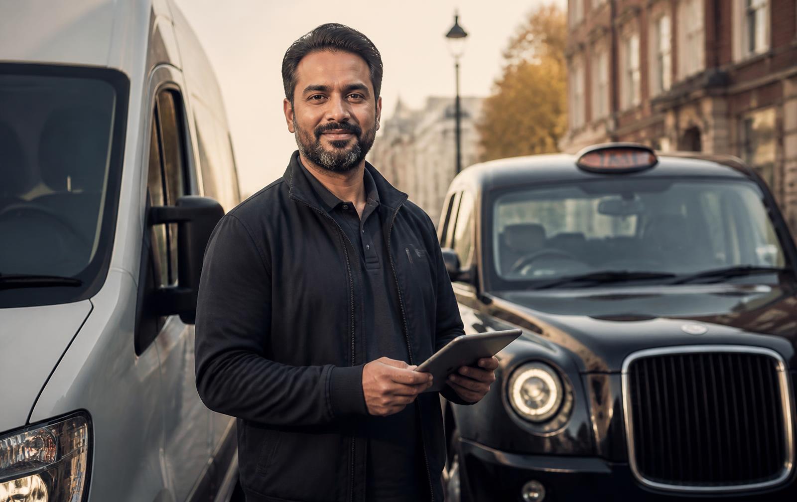 Small business owner standing between a white van and a London taxi on a city street