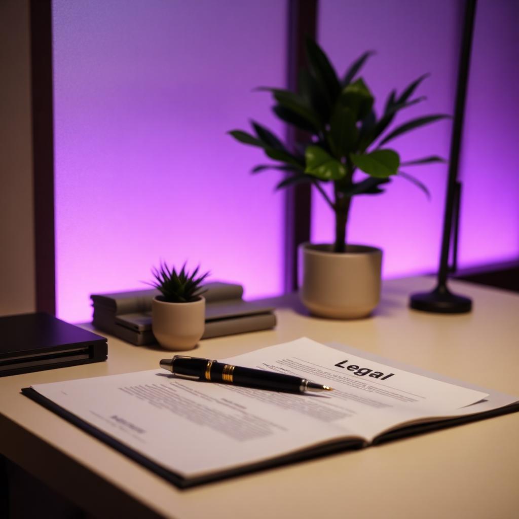 Legal document, pen and plant on a warm desk with soft purple ambient light