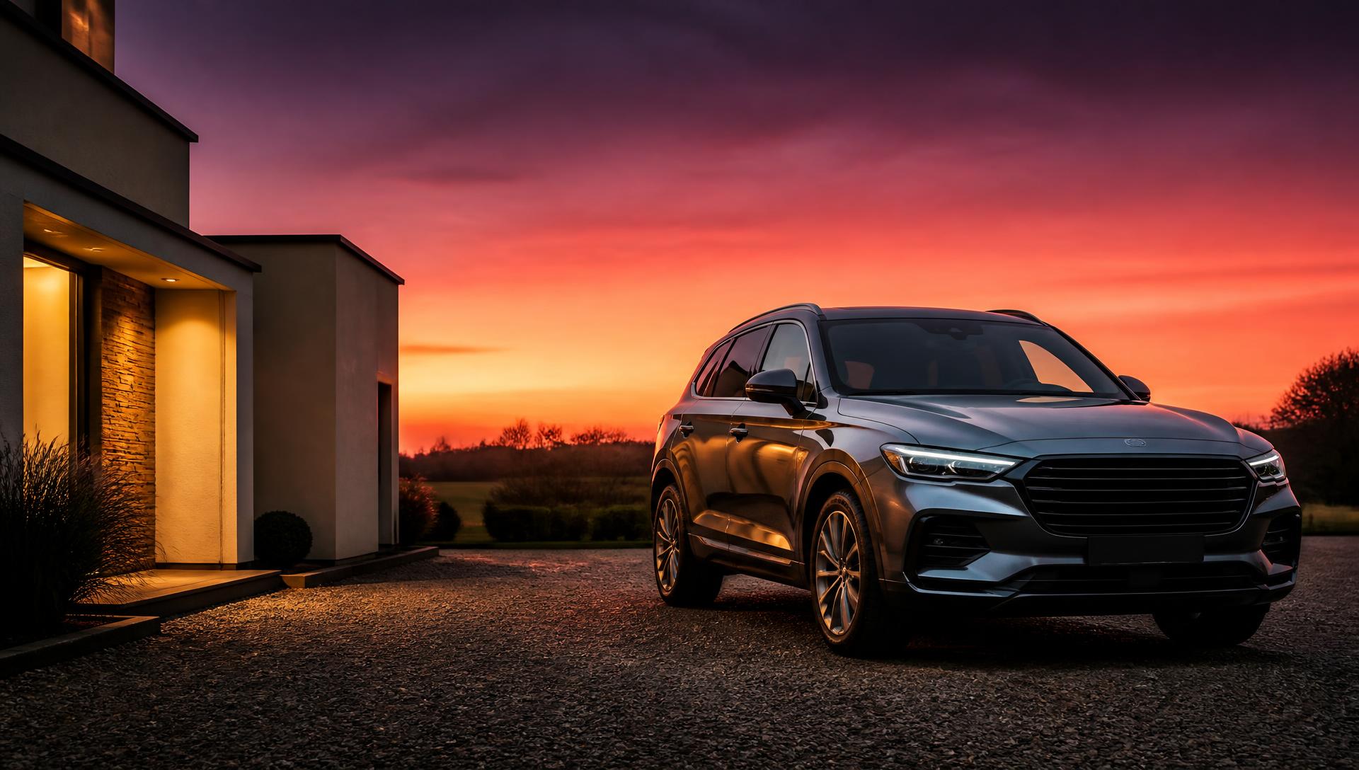 Modern SUV on a driveway at golden hour outside a contemporary UK home