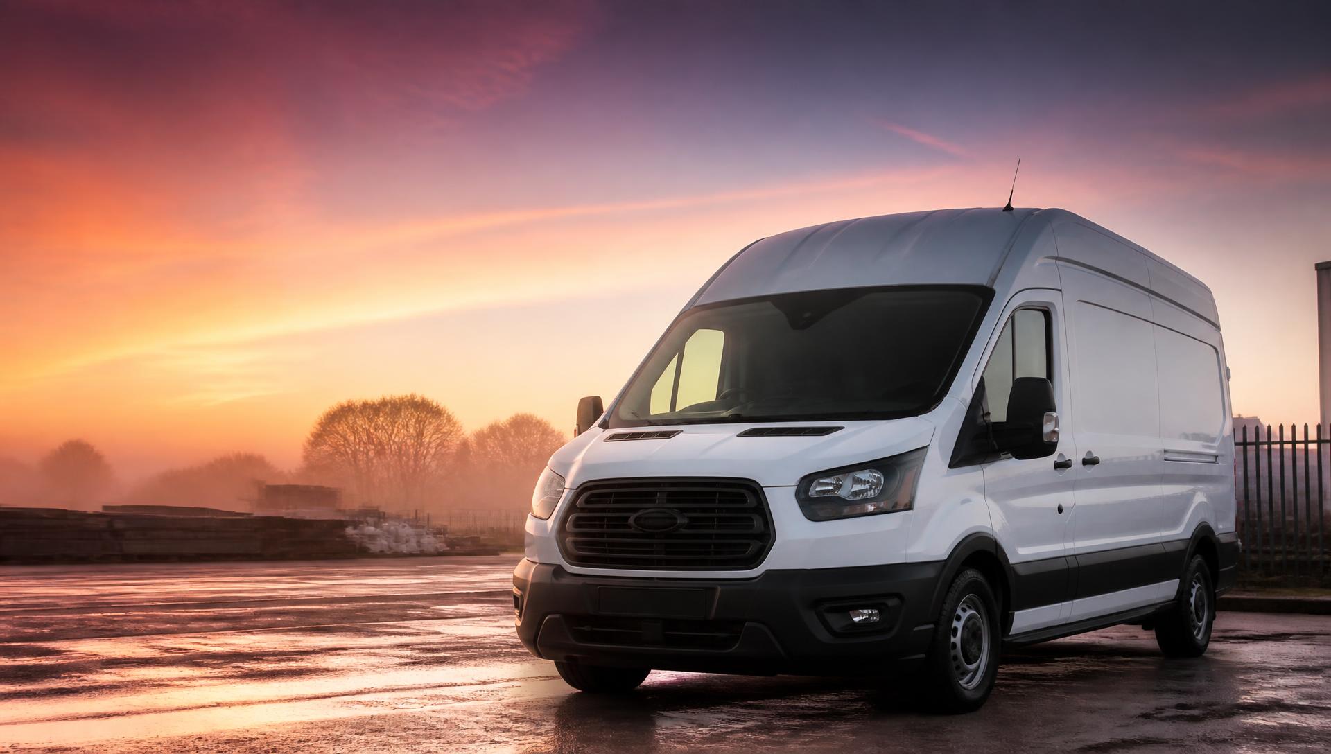 Modern panel van parked outside a UK trade unit at golden hour